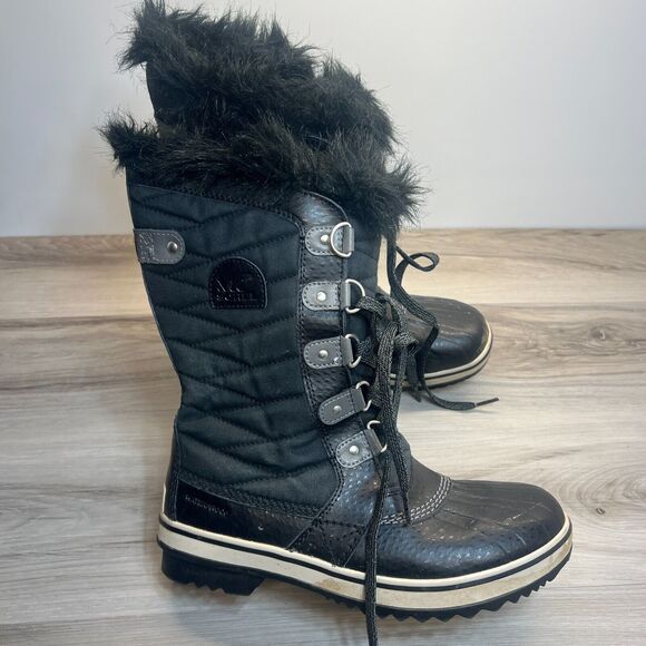 Sorel Boots Youth 6 EU 38 Tofino Snow Black Leather Fur Round Toe Waterproof